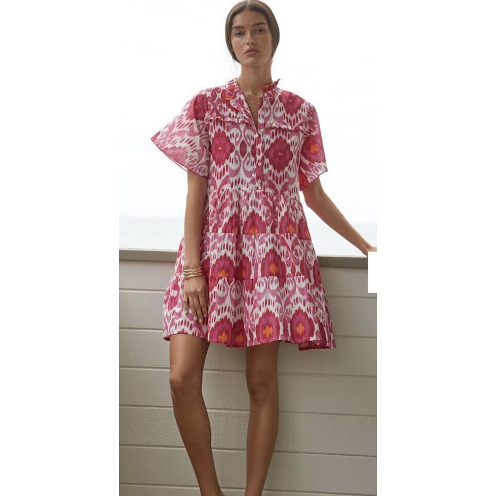 Anthropologie Ro's Garden Vibeka Ruffle Mini Dress Size Large Pink White